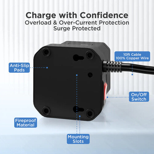 Uncaged Ergonomics Cube Wireless Charger Surge Protector Power Strip with USB Ports (Black)