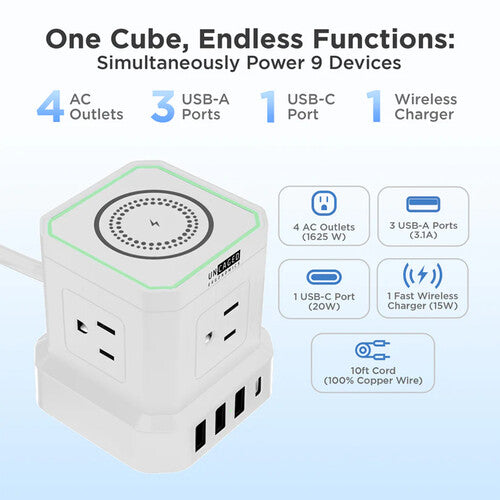 Uncaged Ergonomics Cube Wireless Charger Surge Protector Power Strip with USB Ports (White)