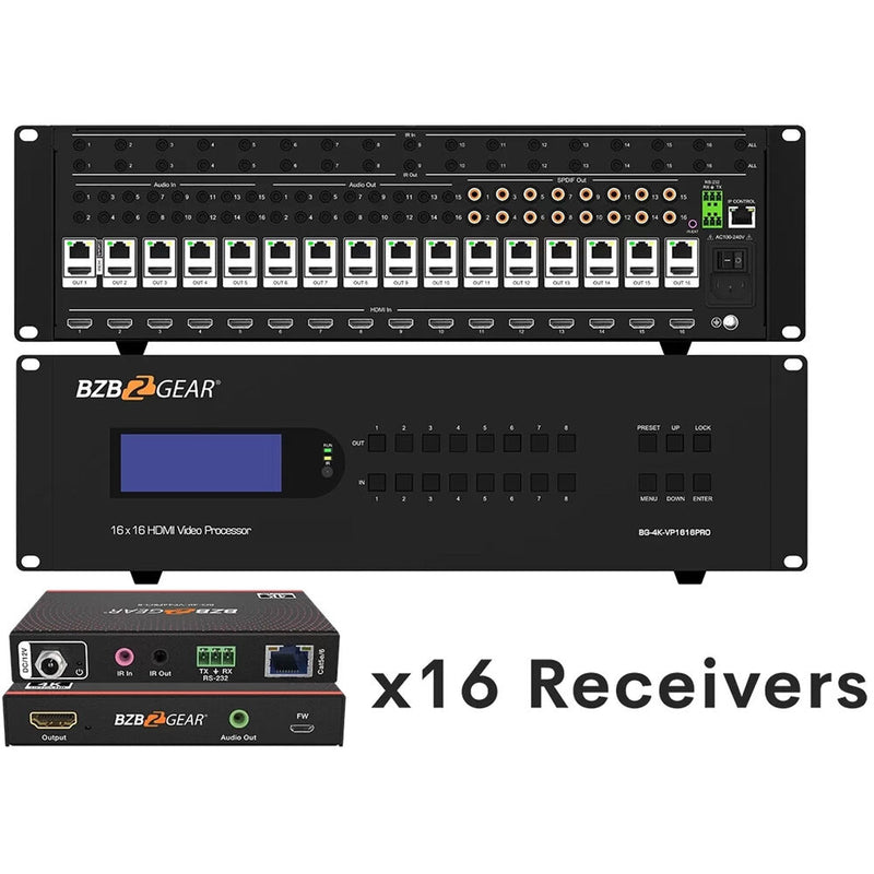 BZBGEAR 16x16 4K Seamless HDMI Matrix Switcher/Video Wall Processor Kit with 16 Receivers
