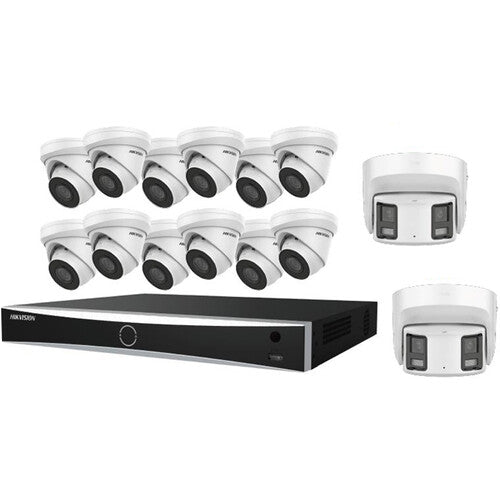 Hikvision EKI-K164T814A 16-Channel 12MP NVR with 4TB HDD, 12 8MP Turret Cameras & 2 8MP Dual-Lens Turret Cameras Panoramic Kit