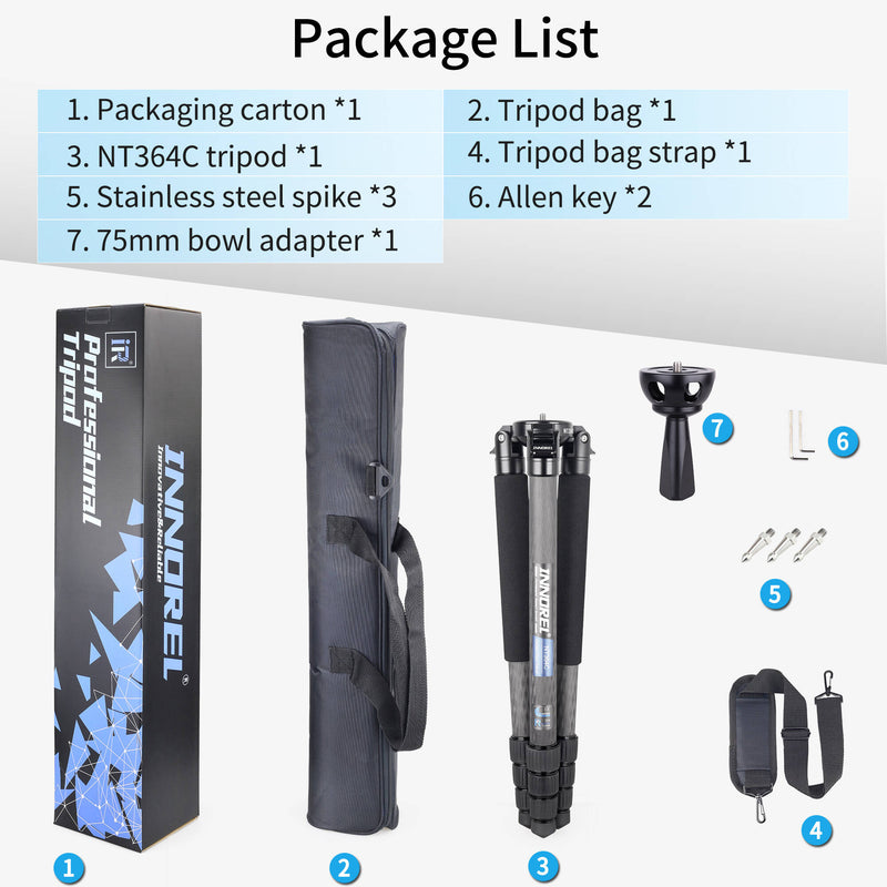 INNOREL NT364C Carbon Fiber Tripod with BL75N 75mm Bowl Adapter