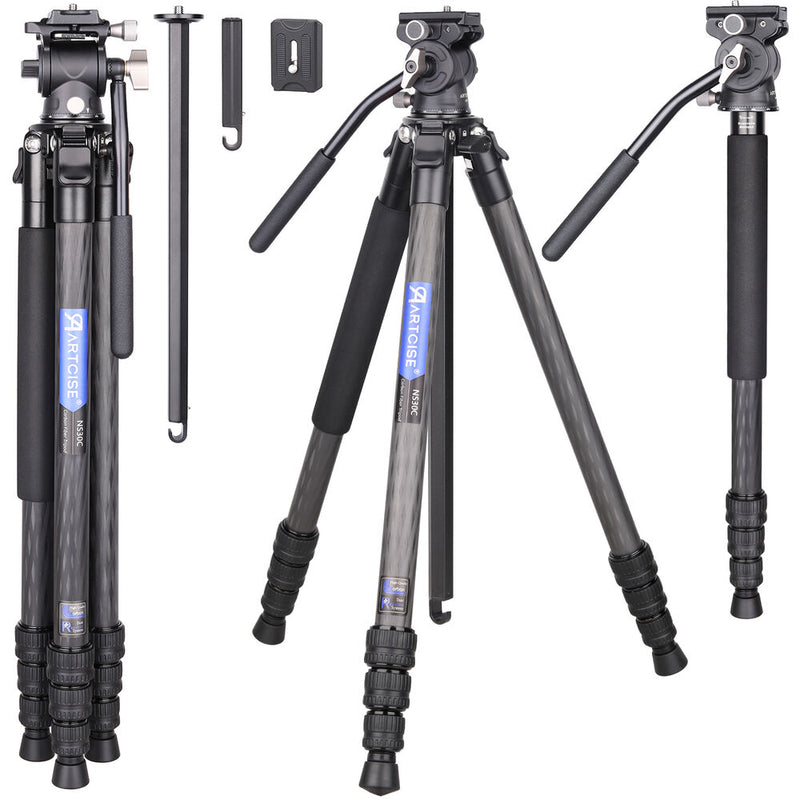 ARTCISE NS30C Compact Portable Tripod with VH03 Fluid Head, Pan Head & Center Column