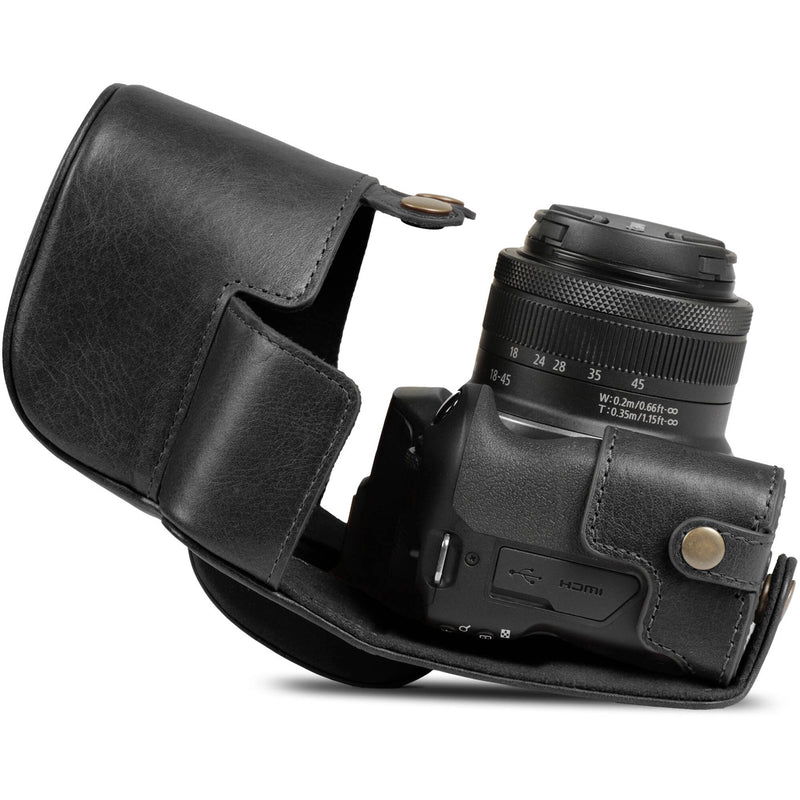 MegaGear Leather Camera Case for Canon EOS R100 with 18-45mm Lens (Black)