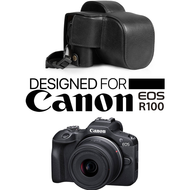 MegaGear Leather Camera Case for Canon EOS R100 with 18-45mm Lens (Black)