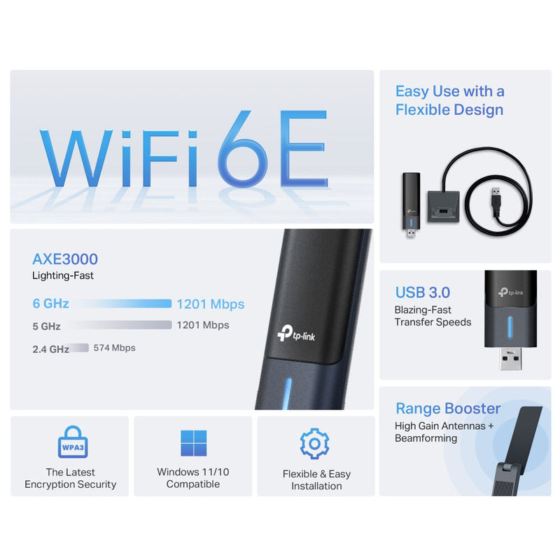 TP-Link Archer TXE50UH AXE3000 Tri-Band Wi-Fi 6E USB Adapter
