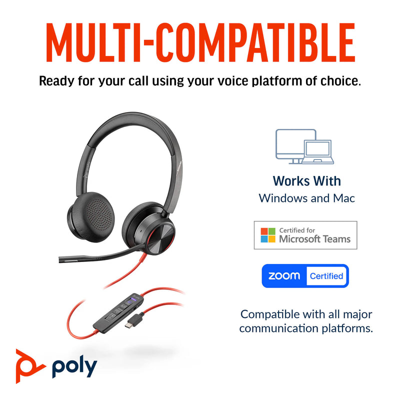 Poly Blackwire 8225 Stereo USB-C Headset with USB-C to USB-A Adapter (Microsoft Teams Certified)