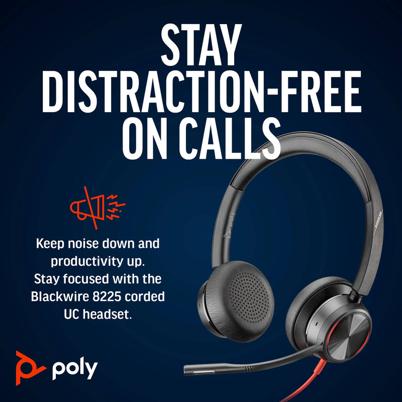 Poly Blackwire 8225 Stereo USB-C Headset with USB-C to USB-A Adapter (Microsoft Teams Certified)
