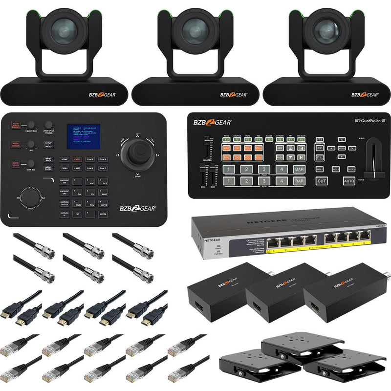 BZBGEAR Complete House of Worship Live Streaming Kit with Three PTZ Cameras, Controller, Mixer, Ceiling Mount (Black)