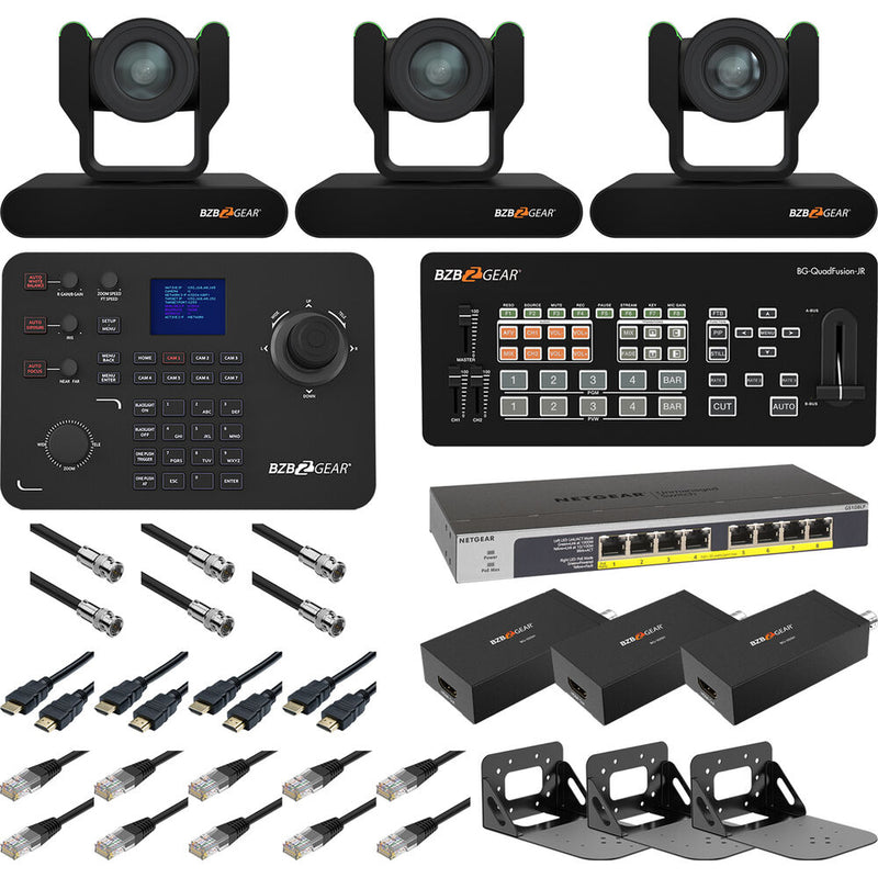 BZBGEAR Complete House of Worship Live Streaming Kit with Three PTZ Cameras, Controller, Mixer, Wall Mount (Black)