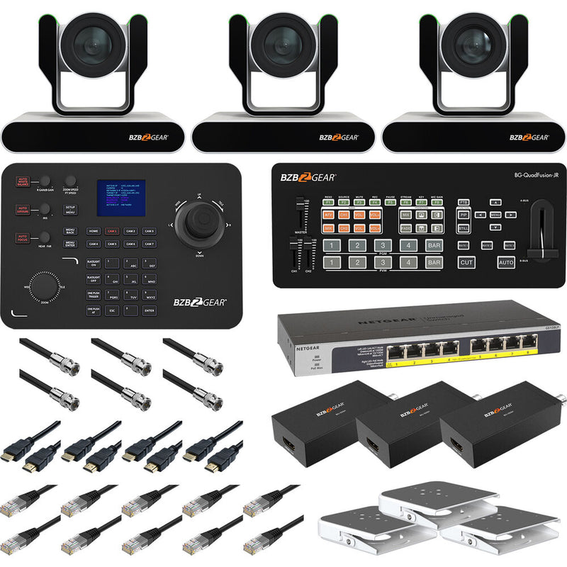 BZBGEAR Complete House of Worship Live Streaming Kit with Three PTZ Cameras, Controller, Mixer, Ceiling Mount (White)