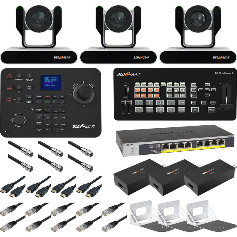 BZBGEAR Complete House of Worship Live Streaming Kit with Three PTZ Cameras, Controller, Mixer, Wall Mount (White)
