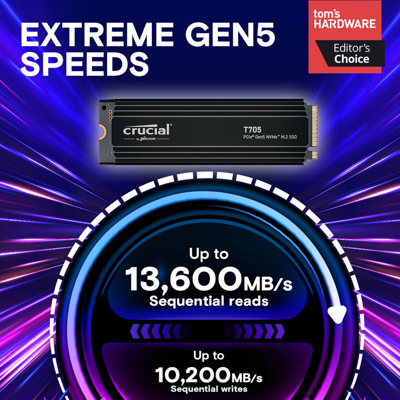 Crucial 1TB T705 NVMe PCIe 5.0 M.2 Internal SSD with Heatsink