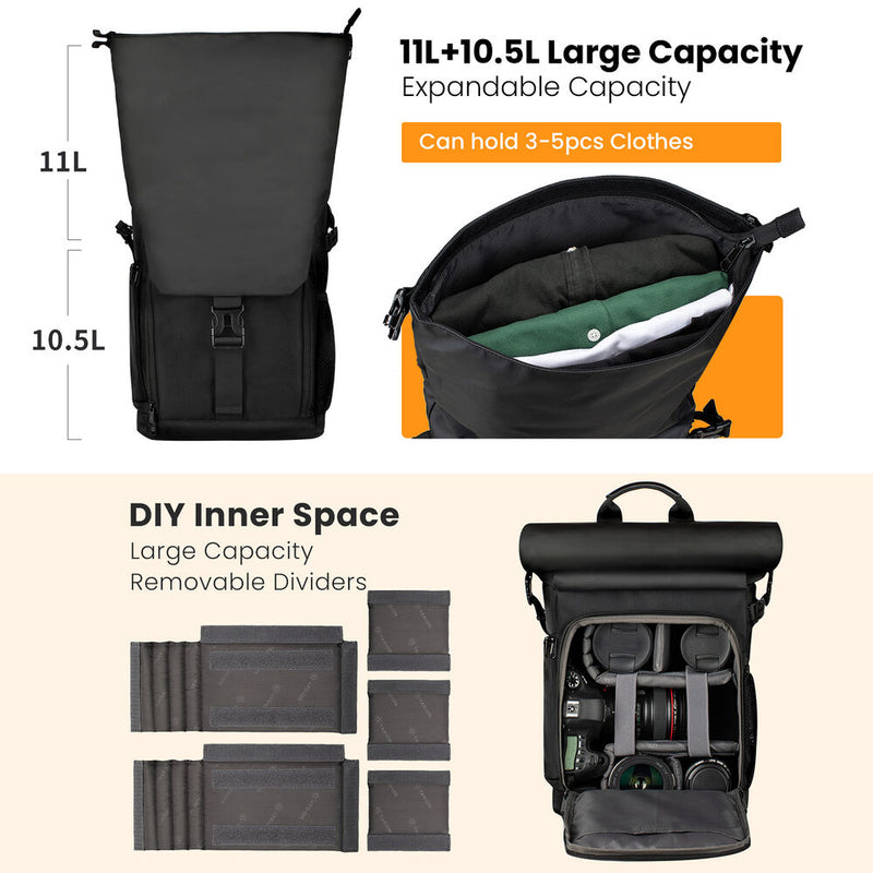 TARION SP-01 Rolltop Camera Backpack (Black, 20.5L)