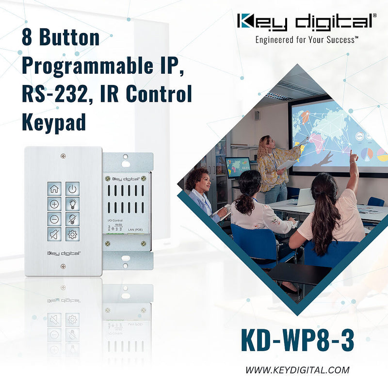 Key Digital 8-Button Programmable IP, RS-232, and IR Control Wall Plate Keypad with PoE