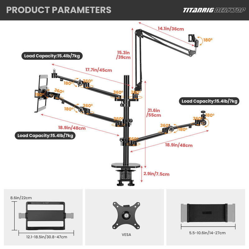 TARION TitanRig Desktop 4-in-1 Desktop Mount Stand for Camera, Mic, Laptop, and Light