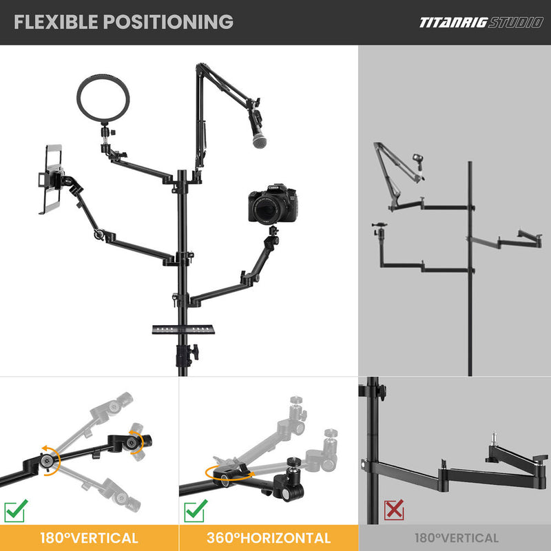 TARION TitanRig Floor 5-in-1 Portable Stand Mount for Camera, Mic, Laptop, Light, and Projector
