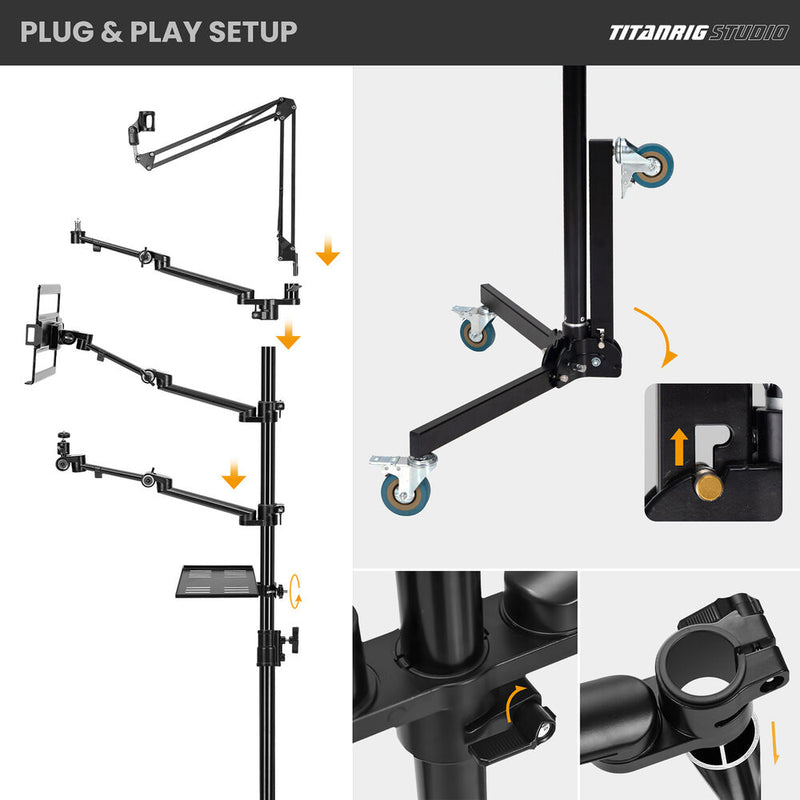 TARION TitanRig Floor 5-in-1 Portable Stand Mount for Camera, Mic, Laptop, Light, and Projector