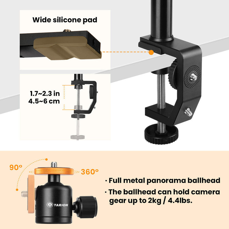 TARION TR-CS 3-in-1 C-Clamp Camera Desk Mount Set with Extension Rod & Ball Head