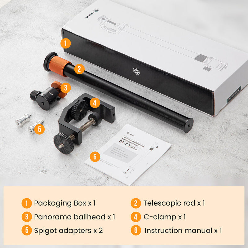 TARION TR-CS 3-in-1 C-Clamp Camera Desk Mount Set with Extension Rod & Ball Head