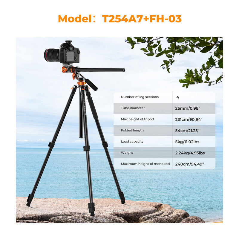 K&F Concept T254A7 Video Tripod with FH-03 Fluid Head