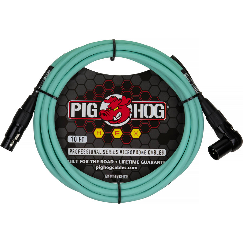 Pig Hog Hex Series XLR Microphone Cable (Seafoam Green, Straight to Right Angle, 10')
