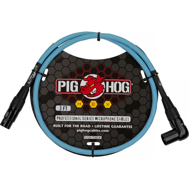 Pig Hog Hex Series XLR Microphone Cable (Daphne Blue, Straight to Right Angle, 3')
