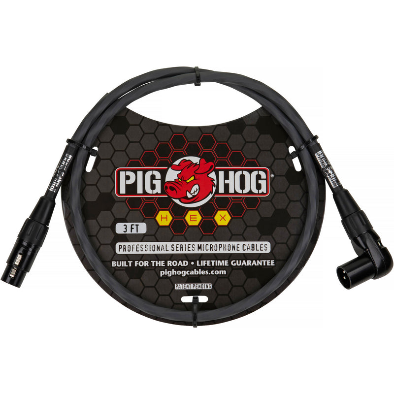 Pig Hog Hex Series XLR Microphone Cable (Gray, Straight to Right Angle, 3')