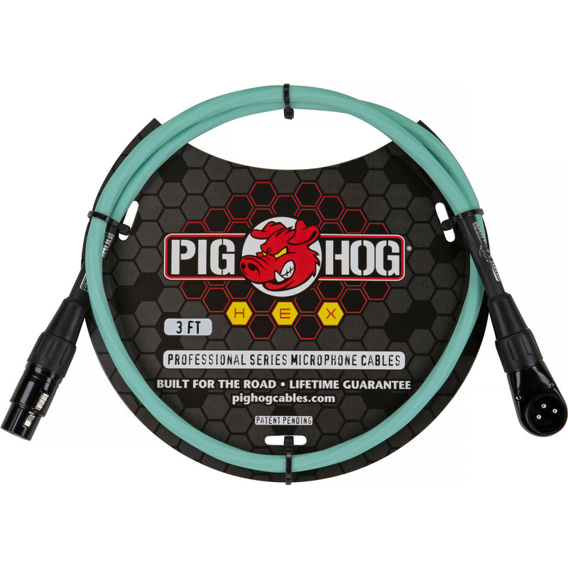Pig Hog Hex Series XLR Microphone Cable (Seafoam Green, Straight to Right Angle, 3')