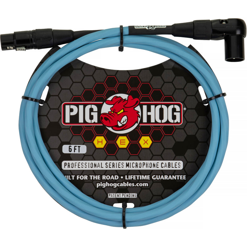 Pig Hog Hex Series XLR Microphone Cable (Daphne Blue, Straight to Right Angle, 6')