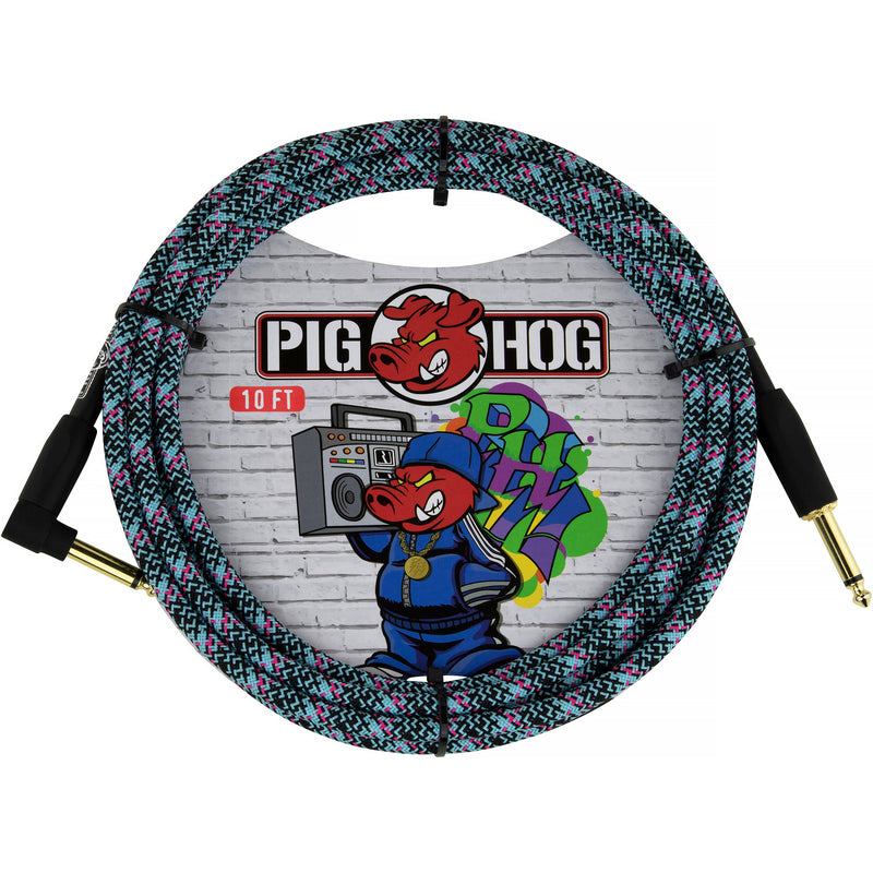 Pig Hog Vintage Series 1/4" Instrument Cable (Blue Graffiti, Straight to Right-Angle, 10')
