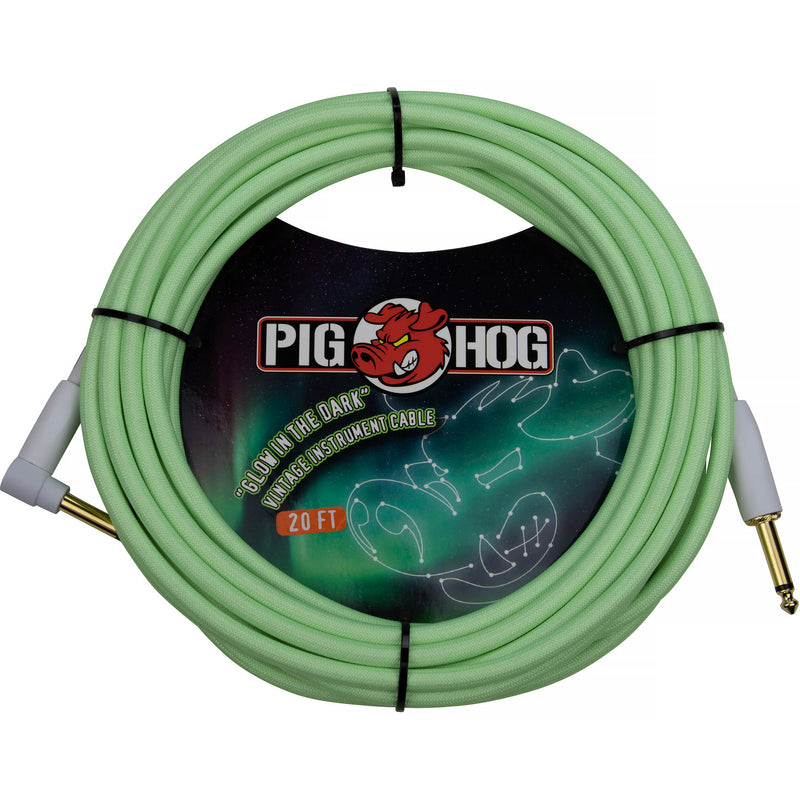Pig Hog Vintage Series 1/4" Instrument Cable (Glow in the Dark, Straight to Right-Angle, 20')