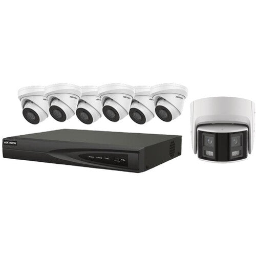 Hikvision 8-Channel 8MP NVR with 2TB HDD, 6 4MP Turret Cameras & 1 AcuSense 4MP Panoramic Turret Cameras Kit