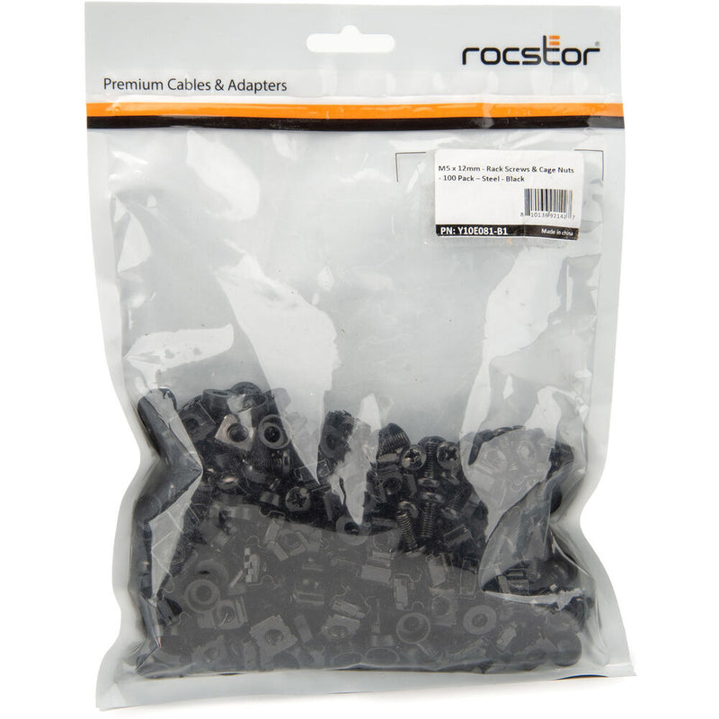 Rocstor M5 x 12mm Rack Screws & Cage Nuts (100-Pack, Black)