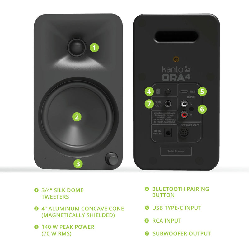 Kanto Living ORA4 Active 2-Way Reference Desktop Speakers with Bluetooth Streaming (Black, Pair)