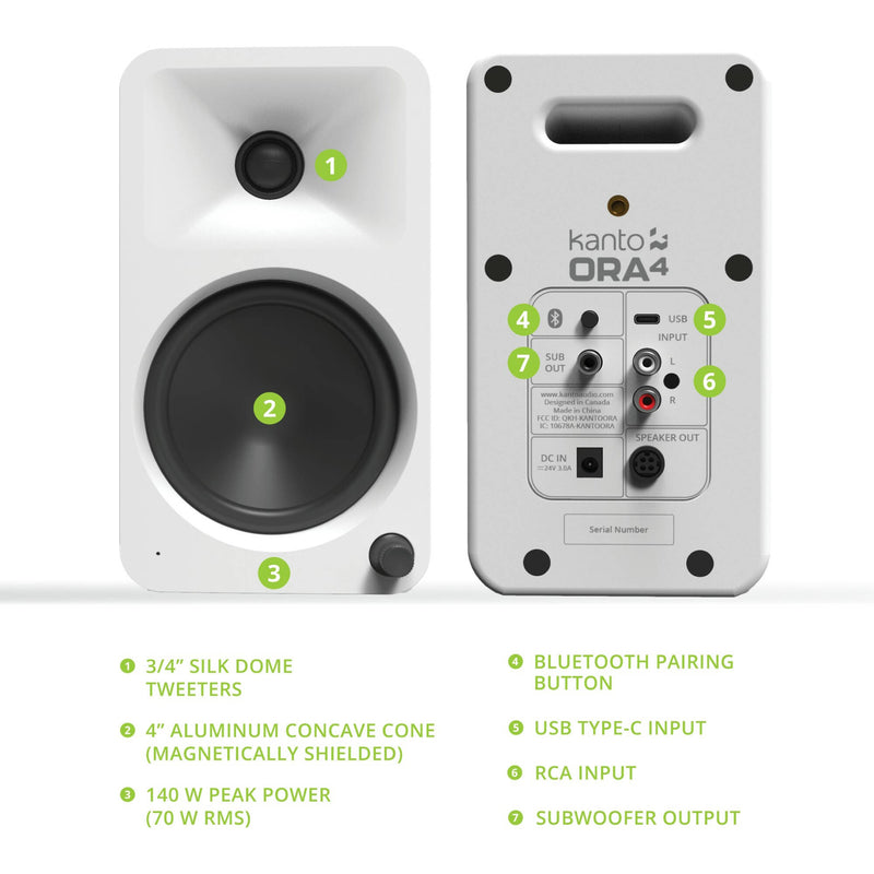 Kanto Living ORA4 Active 2-Way Reference Desktop Speakers with Bluetooth Streaming (Matte White, Pair)