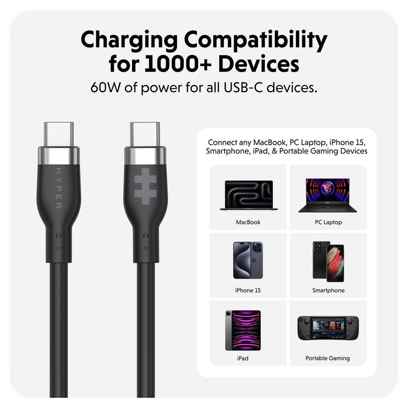 HYPER HyperJuice USB-C Silicone Charging Cable (5', Black)