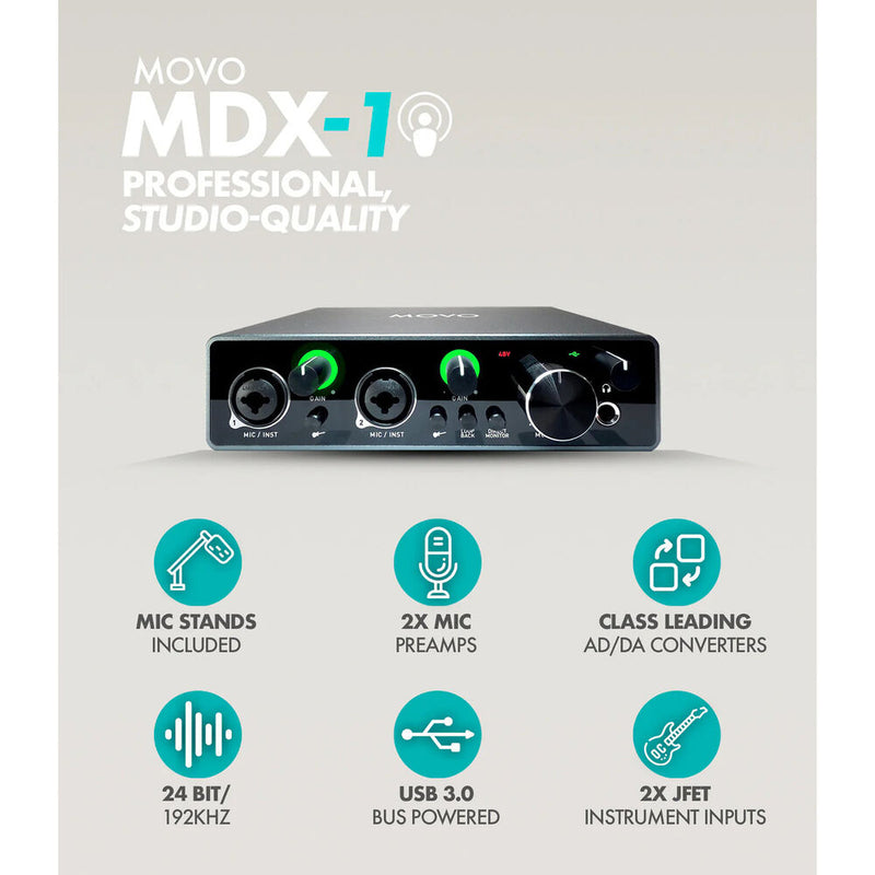 Movo Photo MDX-1 Podcasting Kit with USB Audio Interface, Microphones, Table Stands, and Headphones (2-Pack)