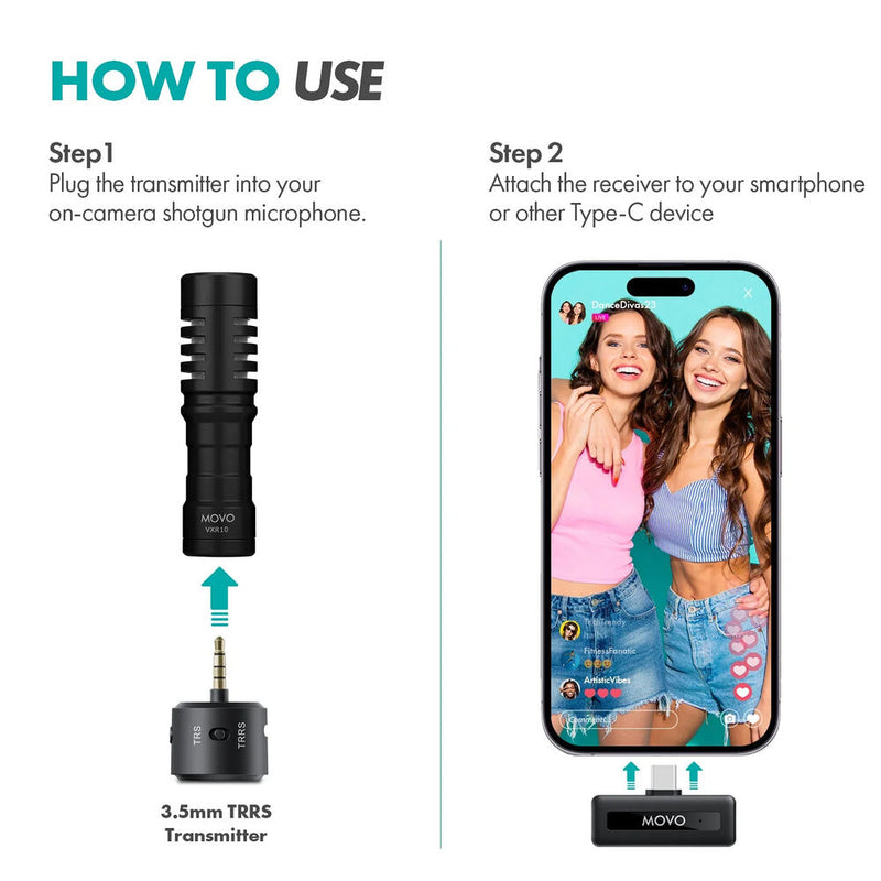 Movo Photo WM-VXR10 Wireless Microphone Adapter for VXR10 and Mini-Shotgun Microphones (USB-C)