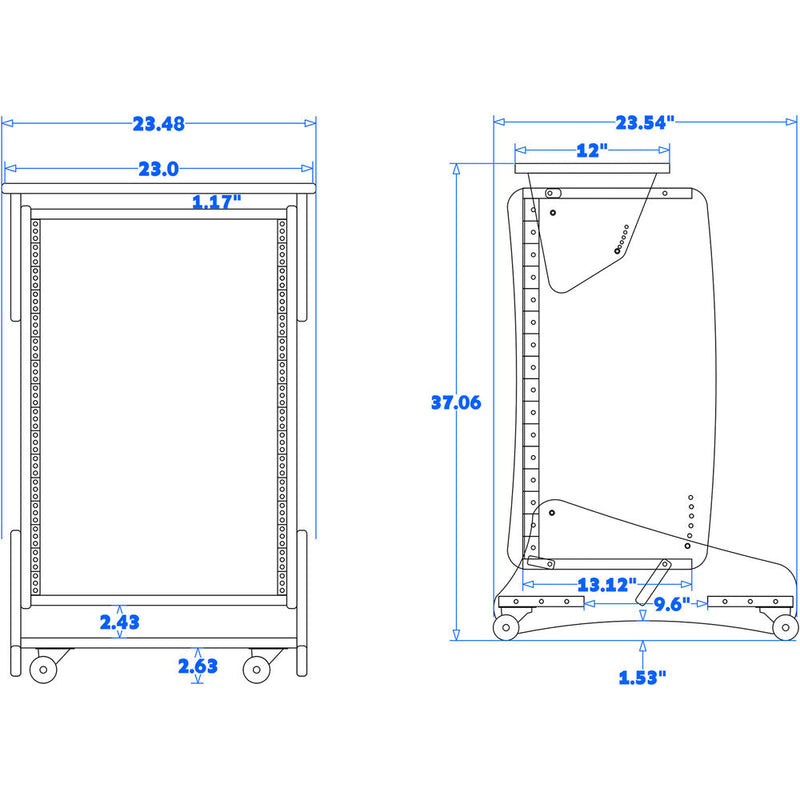 RAB Audio ProRak Multi-Angle Rack with Wheels (16 RU)
