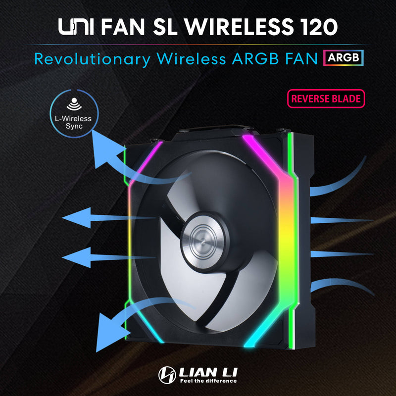 Lian Li 120mm UNI FAN SL Wireless ARGB Reverse Blade Case Fan (Black, 3-Pack)