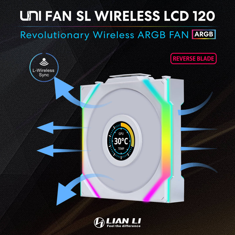 Lian Li 120mm UNI FAN SL Wireless LCD ARGB Reverse Blade Case Fan (White, 3-Pack)