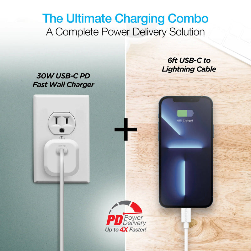 Naztech 30W USB-C PD Wall Charger with MFi Lightning Cable (White)
