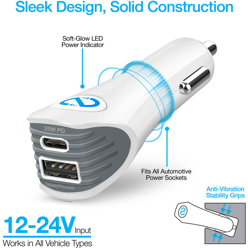 Naztech SpeedMax25 25W 2-Port USB Car Charger with Cable (White)