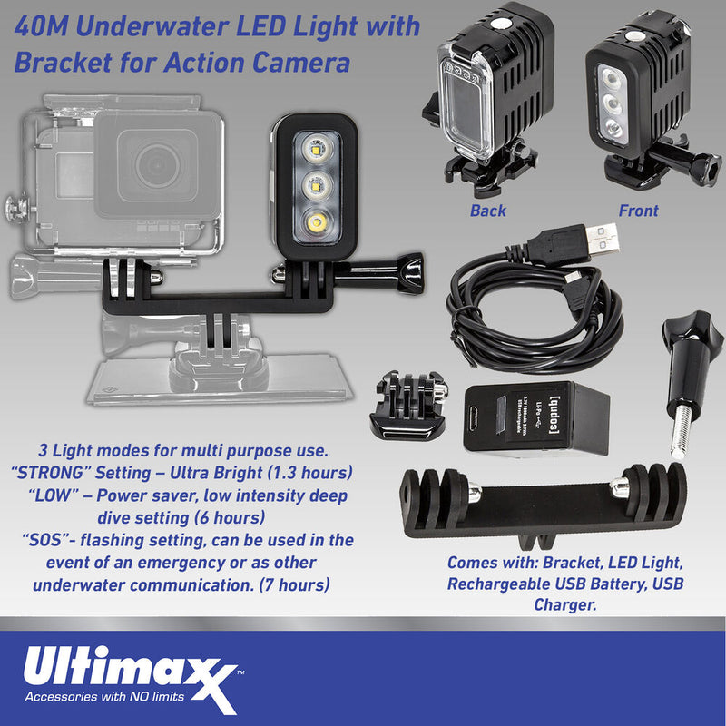 Ultimaxx Underwater LED Light with Bracket for Action Cameras