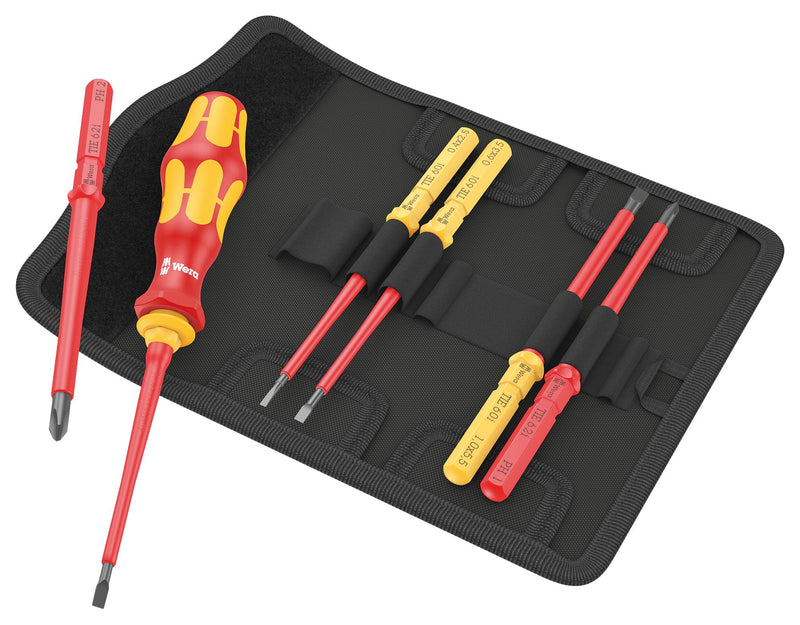 WERA K K VDE 7 UNIVERSAL 1 TIE Screwdriver Set, VDE, Phillips/Slotted/Hook and Loop Fastener Strip, Interchangeable Blade, 7 Piece