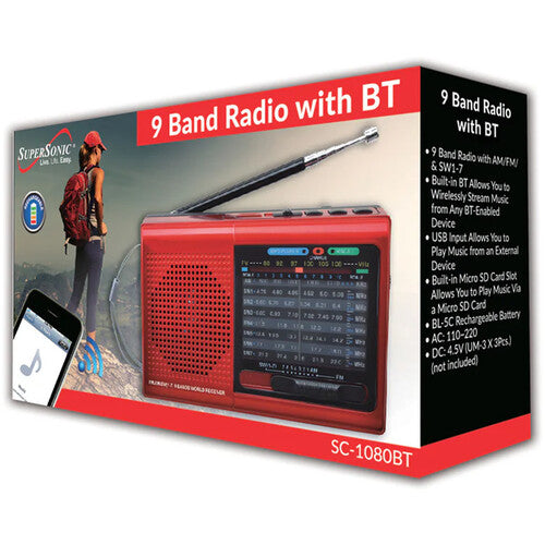 Supersonic 9-Band Radio with Bluetooth (Red)