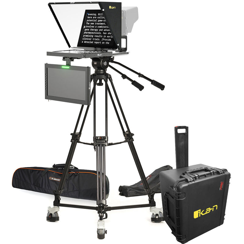 ikan PT4500 15" Teleprompter, Tripod & Dolly Turnkey with SDI Widescreen Talent Monitor & Hard Travel Case