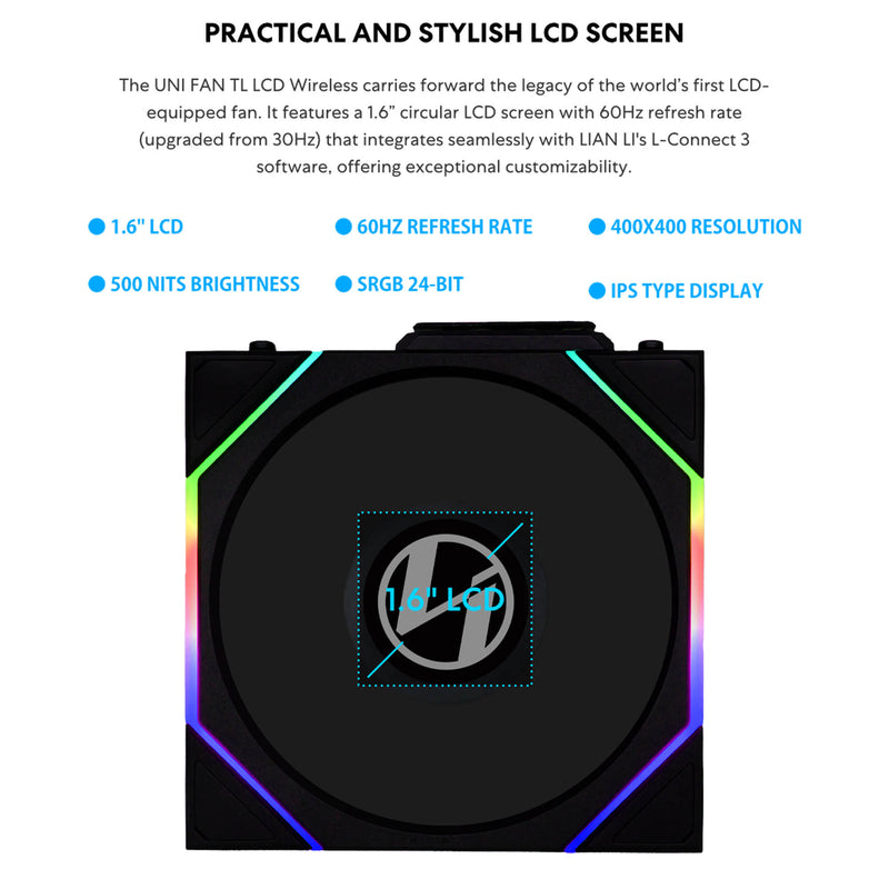 Lian Li 120mm UNI FAN TL LCD Wireless RGB Case Fan (Black, 3-Pack)