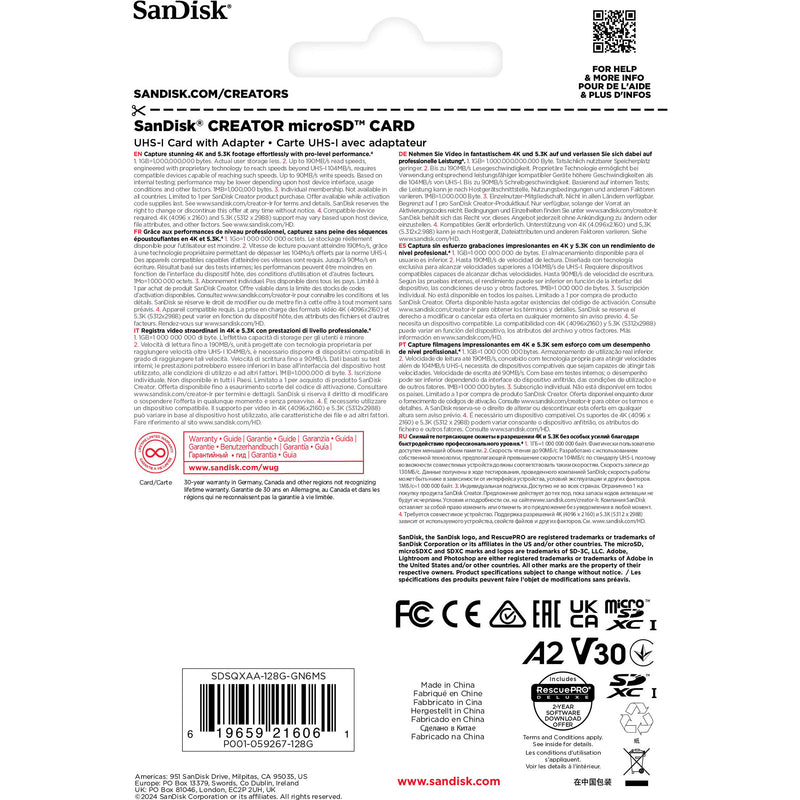 SanDisk 128GB Creator Series UHS-I microSDXC Memory Card with SD Adapter