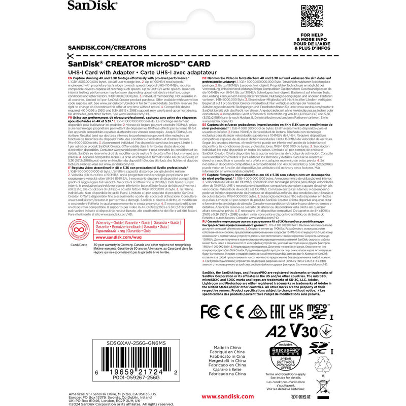 SanDisk 256GB Creator Series UHS-I microSDXC Memory Card with SD Adapter